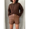 Beli lastikli çıtçıtlı deri şort kahve w241007