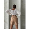 Beli lastikli duble paça deri şort bej w24755