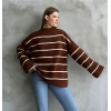 Çizgili ispanyol kol triko boğazlı kahve beyaz elf