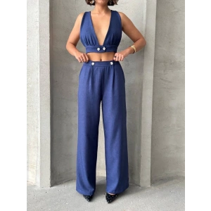 Crop pantolon keten takım s255012