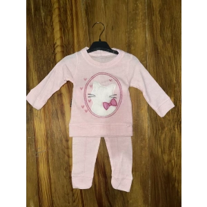3-12 aylık kedi desen işlemeli takım pembe