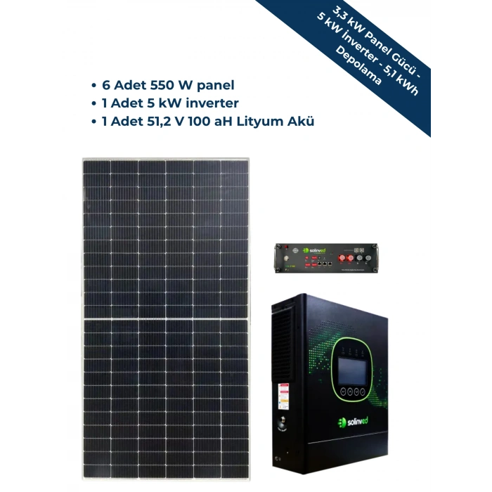 BAŞLANGIÇ PAKETİ ( 3,3 kW Panel Gücü - 5 kW İnverter - 5,1 kWh Depolama)