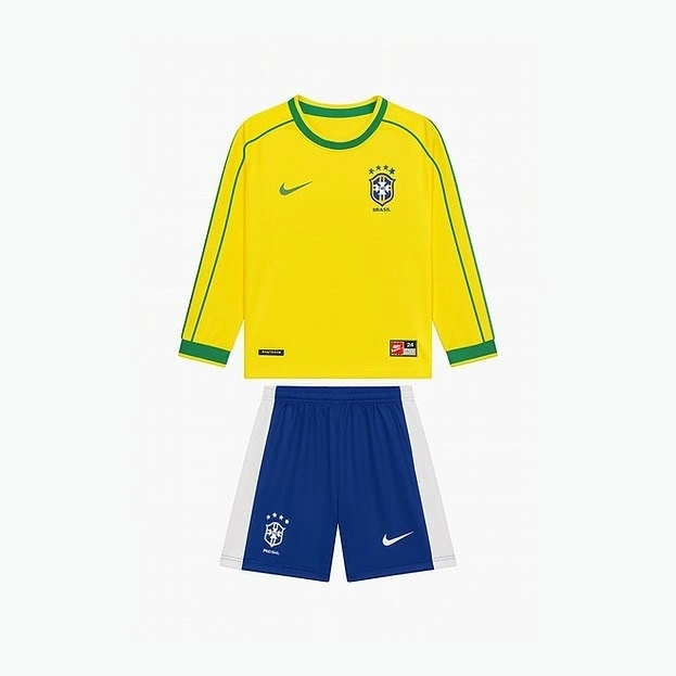Brezilya 1998 Retro Çocuk Uzun Kol Forma & Şort Seti Home