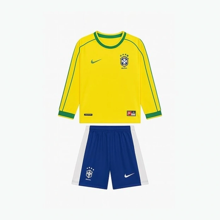Brezilya 1998 Retro Çocuk Uzun Kol Forma & Şort Seti Home
