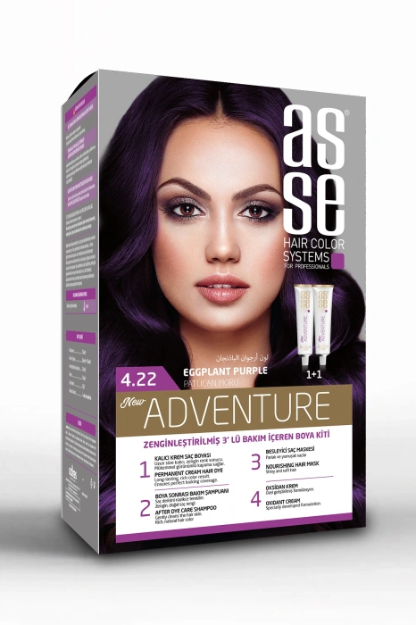 Asse Adventure Set Saç Boyası, Kalıcı ve Canlı Renkler 1+1 Kullanım Seti No4.22 Patlıcan Moru