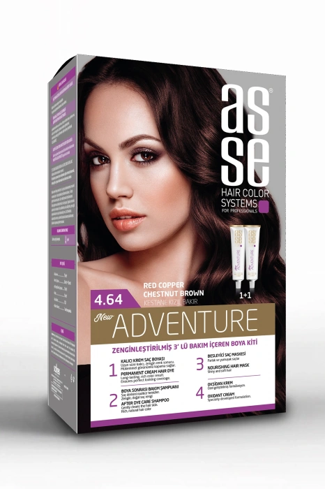 Asse Adventure Set Saç Boyası, Kalıcı ve Canlı Renkler 1+1 Kullanım Seti No4.64 Kestane Kızıl Bakır
