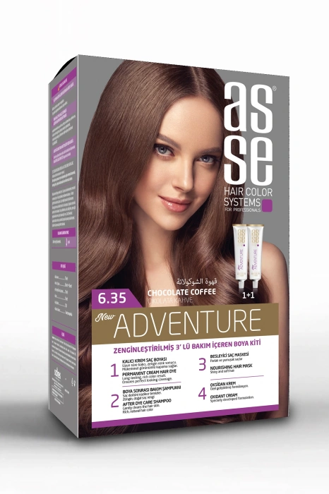 Asse Adventure Set Saç Boyası, Kalıcı ve Canlı Renkler 1+1 Kullanım Seti No6.35 Çikolata Kahve