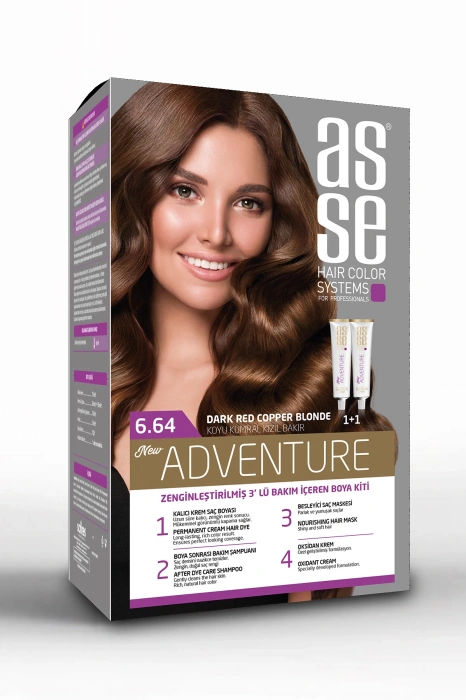 Asse Adventure Set Saç Boyası, Kalıcı ve Canlı Renkler 1+1 Kullanım Seti No6.64 Koyu Kumral Kızıl Bakır