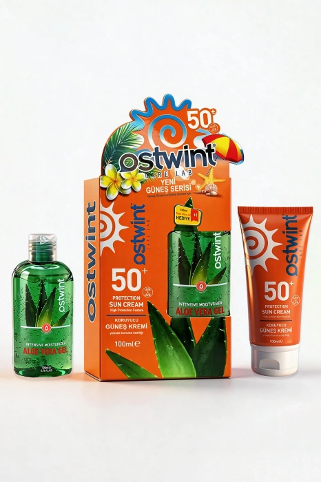 Ostwint Güneş Kremi Yoğun Nemlendirici Aloe Vera Jel Set E Vitaminli SPF 50+ Yüksek Koruma 100+100ml