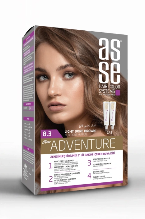 Asse Adventure Set Saç Boyası, Kalıcı ve Canlı Renkler 1+1 Kullanım Seti No8.3 Açık Dore Kumral