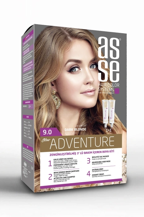 Asse Adventure Set Saç Boyası, Kalıcı ve Canlı Renkler 1+1 Kullanım Seti No9.0 Koyu Sarı