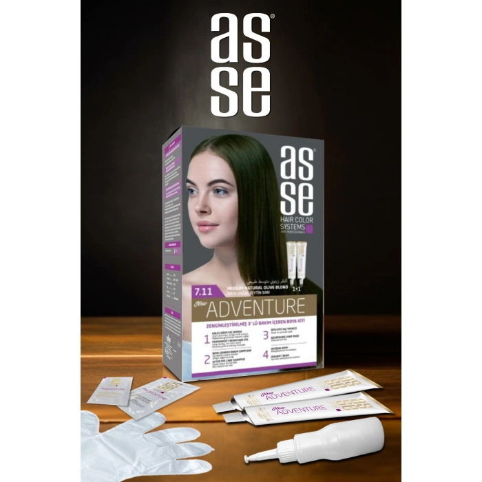 Asse Adventure Set Saç Boyası Kalıcı, Canlı Renkler 1+1 Kullanım Seti No7.11 Orta Doğal Zeytin Sarı