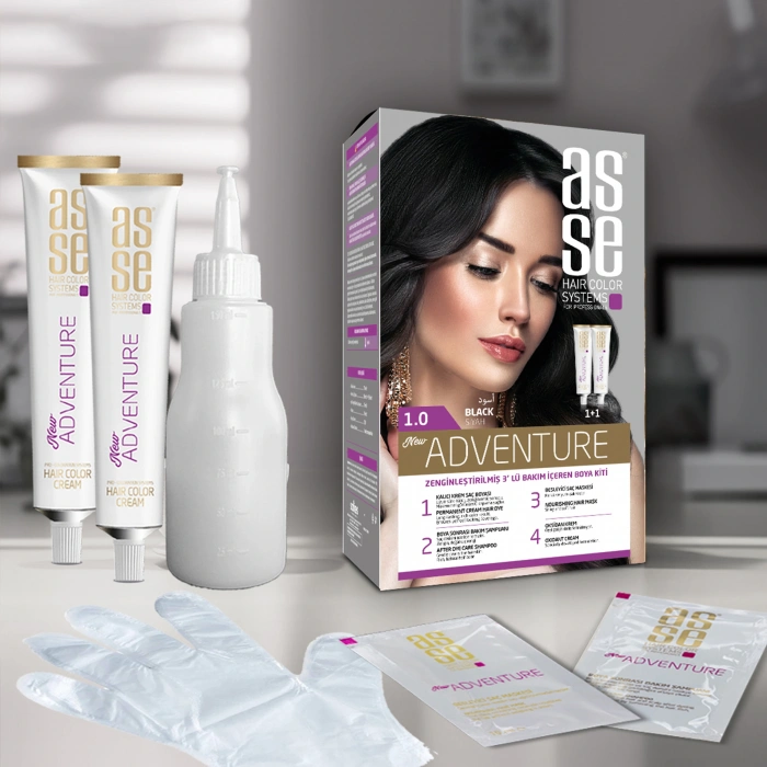 Asse Adventure Set Saç Boyası, Kalıcı ve Canlı Renkler 1+1 Kullanım Seti No1.0 Siyah