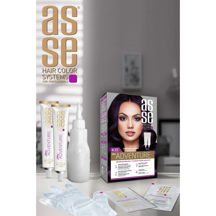 Asse Adventure Set Saç Boyası, Kalıcı ve Canlı Renkler 1+1 Kullanım Seti No4.22 Patlıcan Moru