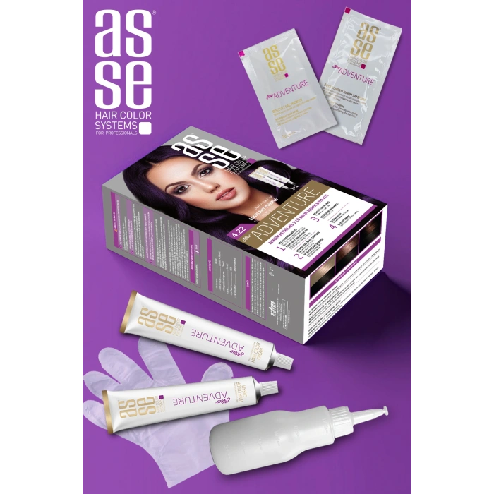 Asse Adventure Set Saç Boyası, Kalıcı ve Canlı Renkler 1+1 Kullanım Seti No4.22 Patlıcan Moru