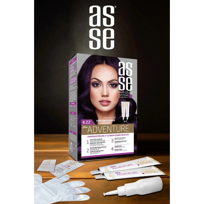 Asse Adventure Set Saç Boyası, Kalıcı ve Canlı Renkler 1+1 Kullanım Seti No4.22 Patlıcan Moru