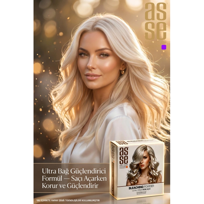 Asse Hair Colors For Professionals. Bleaching Powder - Ultra Yoğun Saç Renk Açıcı. Profesyonel Kullanım İçin. Ultra Bağ Güçlendirici Formülüyle 8 Tona Kadar Açma, Saçı Güçlendirir ve Korur
