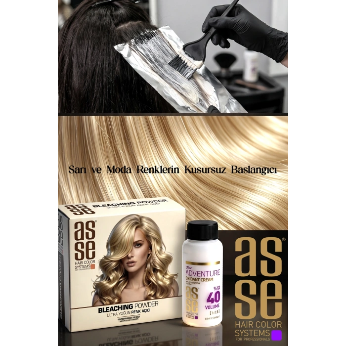 Asse Hair Colors For Professionals. Bleaching Powder - Ultra Yoğun Saç Renk Açıcı. Profesyonel Kullanım İçin. Ultra Bağ Güçlendirici Formülüyle 8 Tona Kadar Açma, Saçı Güçlendirir ve Korur