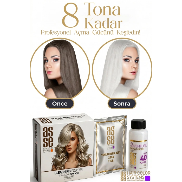 Asse Hair Colors For Professionals. Bleaching Powder - Ultra Yoğun Saç Renk Açıcı. Profesyonel Kullanım İçin. Ultra Bağ Güçlendirici Formülüyle 8 Tona Kadar Açma, Saçı Güçlendirir ve Korur