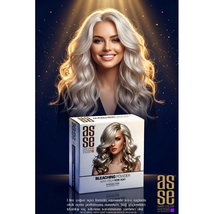 Asse Hair Colors For Professionals. Bleaching Powder - Ultra Yoğun Saç Renk Açıcı. Profesyonel Kullanım İçin. Ultra Bağ Güçlendirici Formülüyle 8 Tona Kadar Açma, Saçı Güçlendirir ve Korur