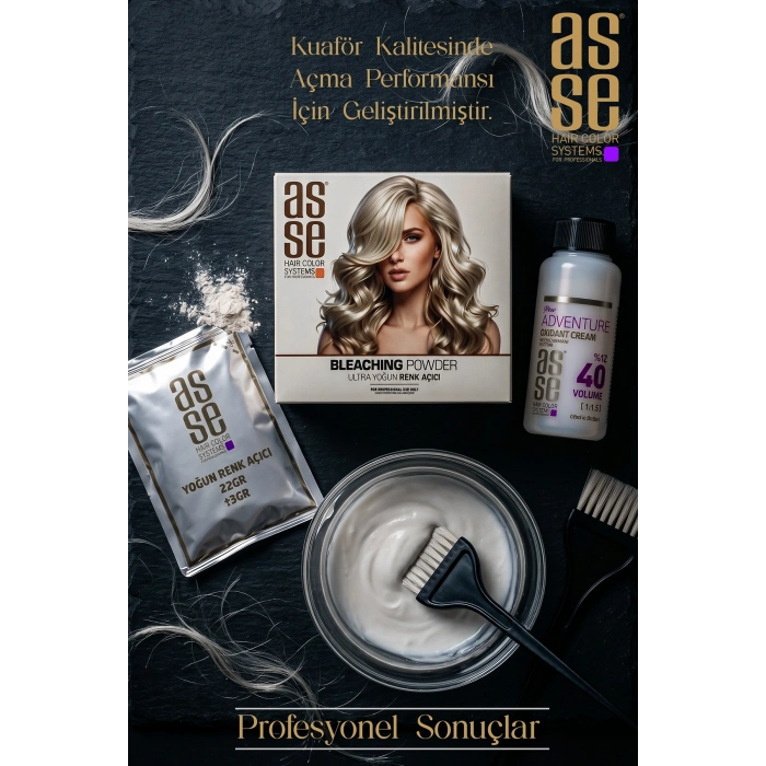 Asse Hair Colors For Professionals. Bleaching Powder - Ultra Yoğun Saç Renk Açıcı. Profesyonel Kullanım İçin. Ultra Bağ Güçlendirici Formülüyle 8 Tona Kadar Açma, Saçı Güçlendirir ve Korur