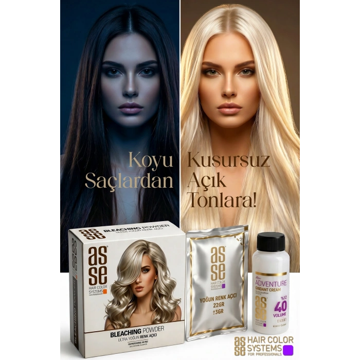 Asse Hair Colors For Professionals. Bleaching Powder - Ultra Yoğun Saç Renk Açıcı. Profesyonel Kullanım İçin. Ultra Bağ Güçlendirici Formülüyle 8 Tona Kadar Açma, Saçı Güçlendirir ve Korur