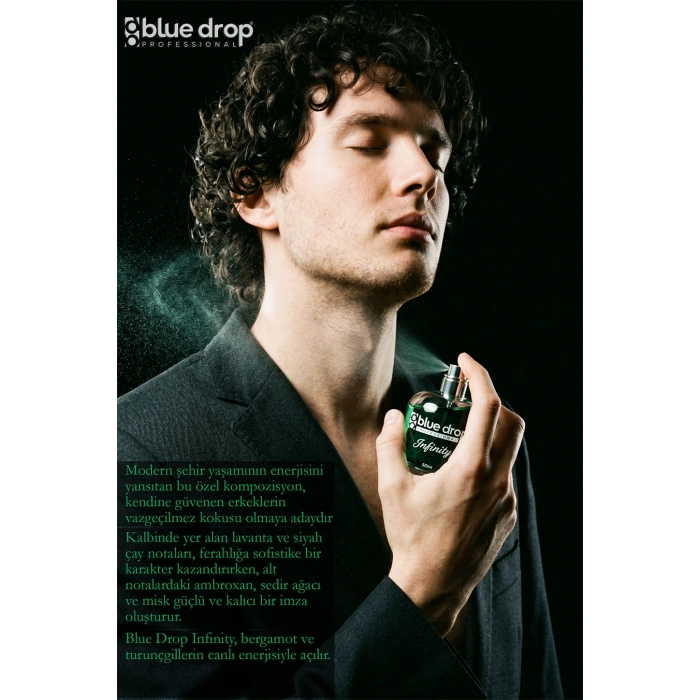 Blue Drop Infinity Premium Erkek Parfümü 50 ml – Kalıcı Erkek Kokusu, Ferah Bergamot, Siyah Çay, Ambroxan ve Misk Notalarıyla Maskülen Koku • Ferahlığın Gücü • Karizmanın İmzası