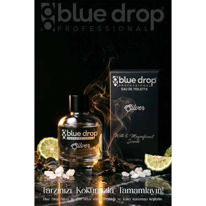 Blue Drop Silver Premium Erkek Parfümü 50 ml – Bergamot Enerjisi • Paçulinin Sofistike Dokunuşu • Misk Notaları. Kalıcı ve Karizmatik Bir İz Bırakır.