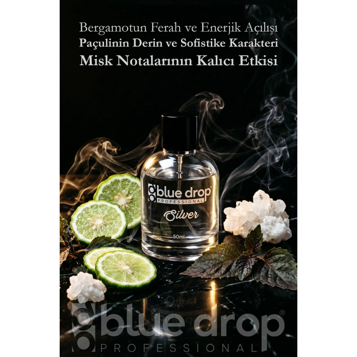 Blue Drop Silver Premium Erkek Parfümü 50 ml – Bergamot Enerjisi • Paçulinin Sofistike Dokunuşu • Misk Notaları. Kalıcı ve Karizmatik Bir İz Bırakır.