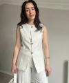 Geometrik Düğme Yelek Takım Beyaz