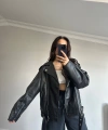 Siyah Deri Biker Ceket