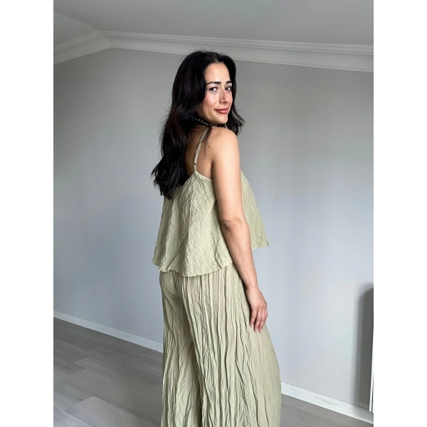 Askılı Kırışık Kumaş Pantolon Takım Yeşil