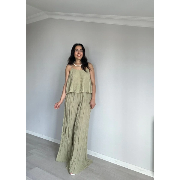 Askılı Kırışık Kumaş Pantolon Takım Yeşil