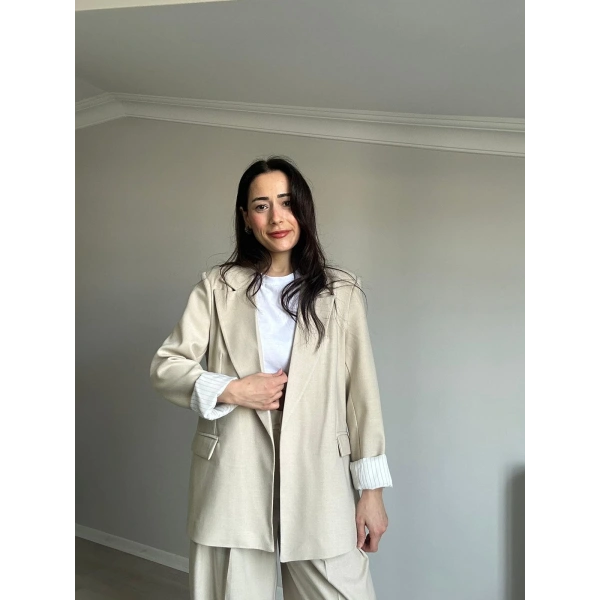 Astarı Çizgili Blazer Ceket Bej