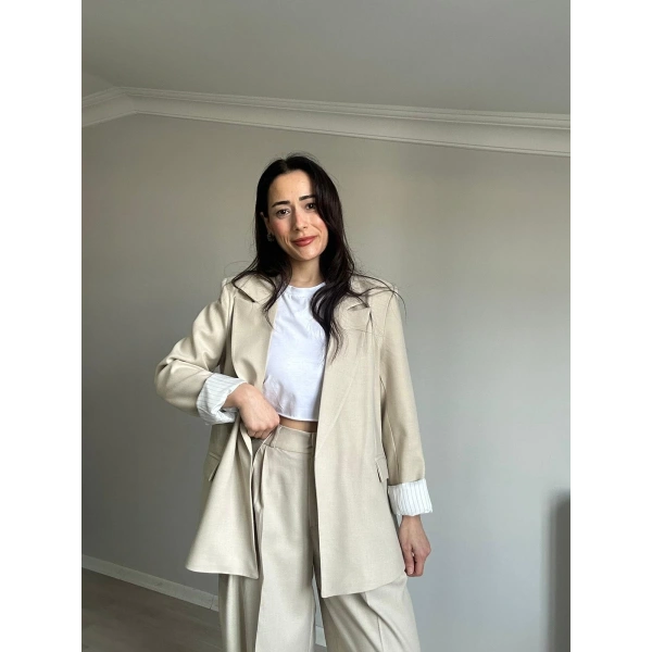 Astarı Çizgili Blazer Ceket Bej