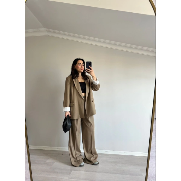 Astarı Çizgili Blazer Ceket Yeşil