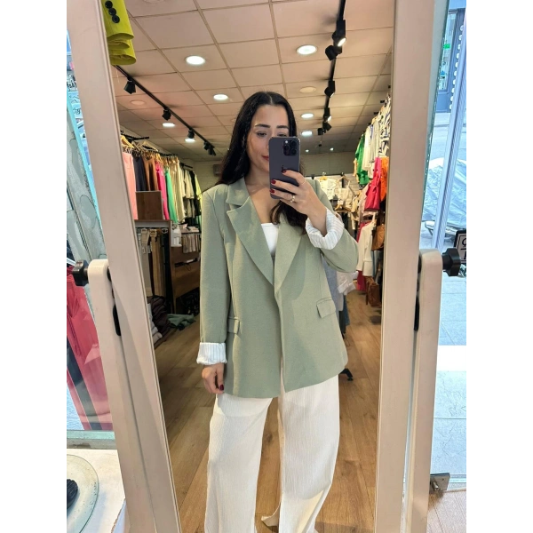 Astarı Çizgili Yeşil Keten Ceket