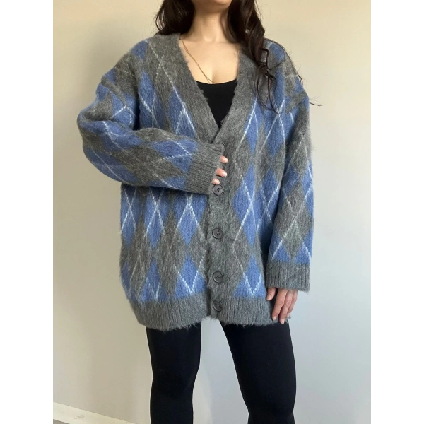 Baklava Desen Hırka Mavi Gri