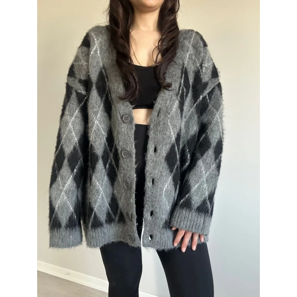 Baklava Desen Hırka Siyah Gri