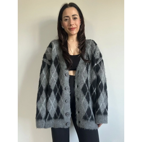 Baklava Desen Hırka Siyah Gri