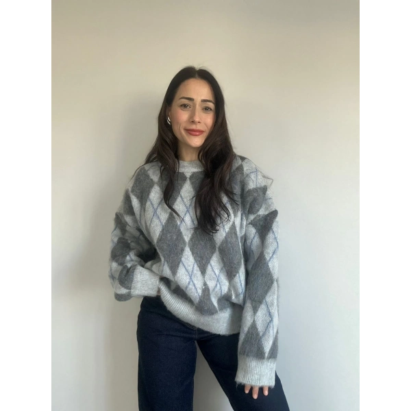 Baklava Desen Kazak Açık Koyu Gri