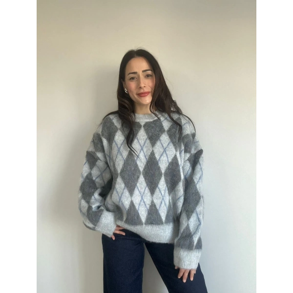 Baklava Desen Kazak Açık Koyu Gri