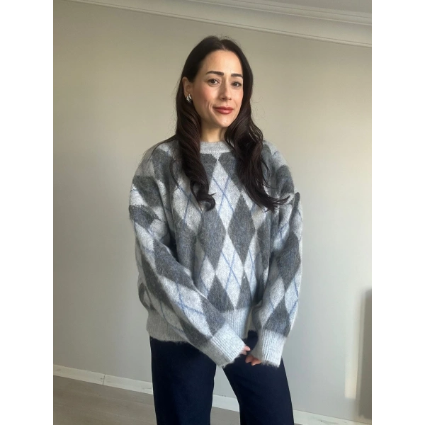 Baklava Desen Kazak Açık Koyu Gri