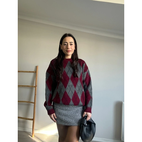 Baklava Desen Kazak Vişne Gri