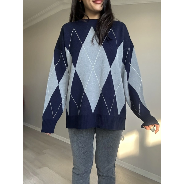 Baklava Desen Lacivert Gri Desenli Kazak