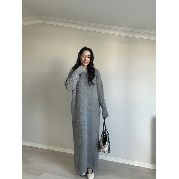 Bisiklet Yaka Buklet Elbise Gri