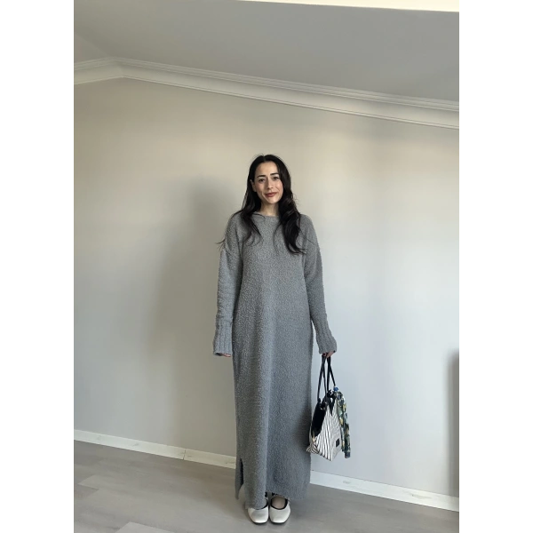 Bisiklet Yaka Buklet Elbise Gri