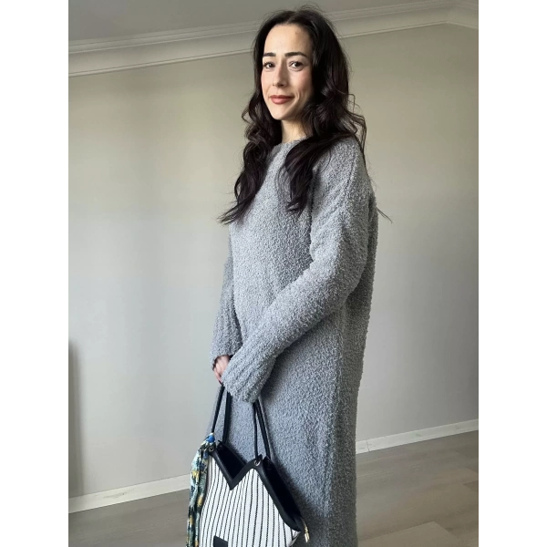 Bisiklet Yaka Buklet Elbise Gri