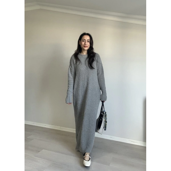 Bisiklet Yaka Buklet Elbise Gri