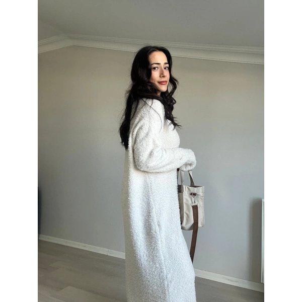 Bisiklet Yaka Buklet Elbise Krem